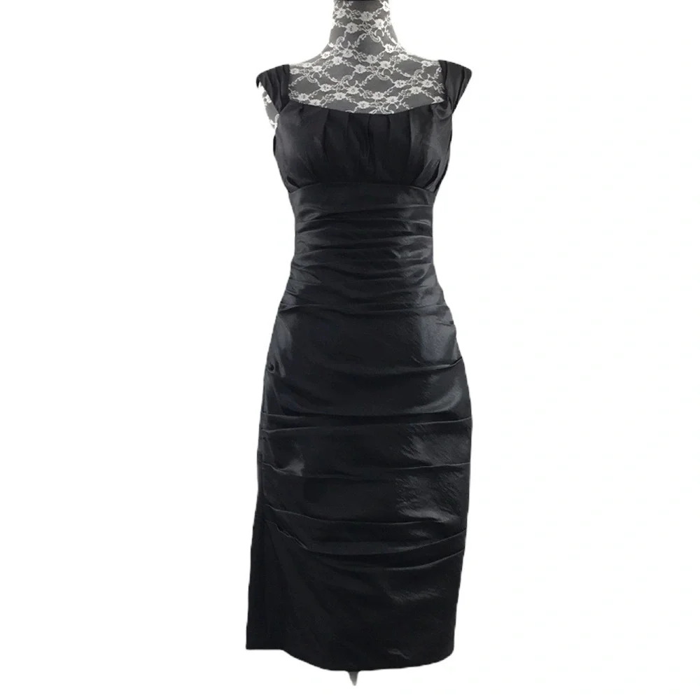 Bill Levkoff Black Satin Sheath Dress Womens 4 Sleeveless Ruched